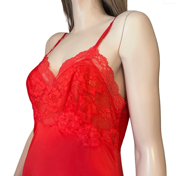 Vanity Fair Vtg 50s 60s Slip Chemise Lipstick Red Tricot Nylon Lace Bodice Lacy - Picture 7 of 16
